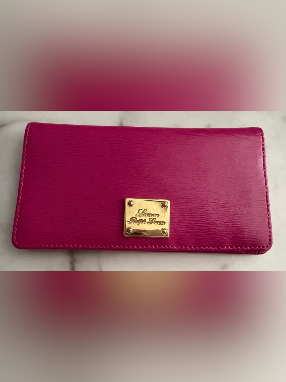 Lauren Ralph Lauren Hot Pink Leather Wallet with Gold Plaque